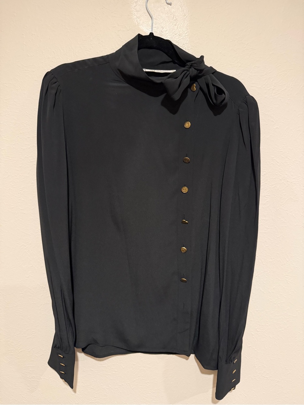 Zara Black Long-Sleeve Bow Neck Blouse with Gold Buttons limited edition